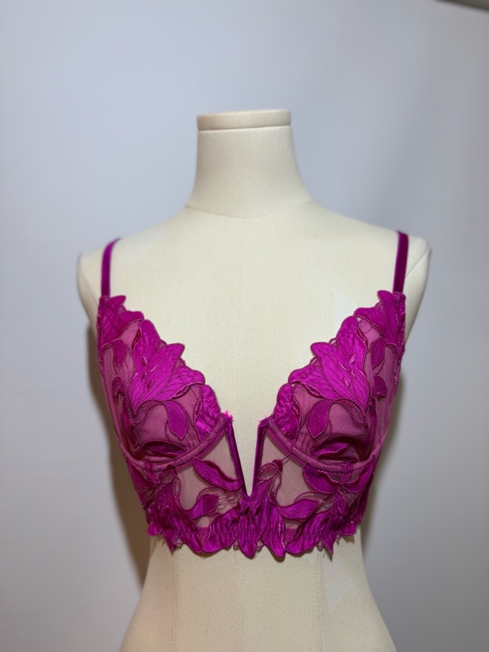 Fleur du Mal Vibrant Fuchsia Embroidered Lace Plunge Bralette